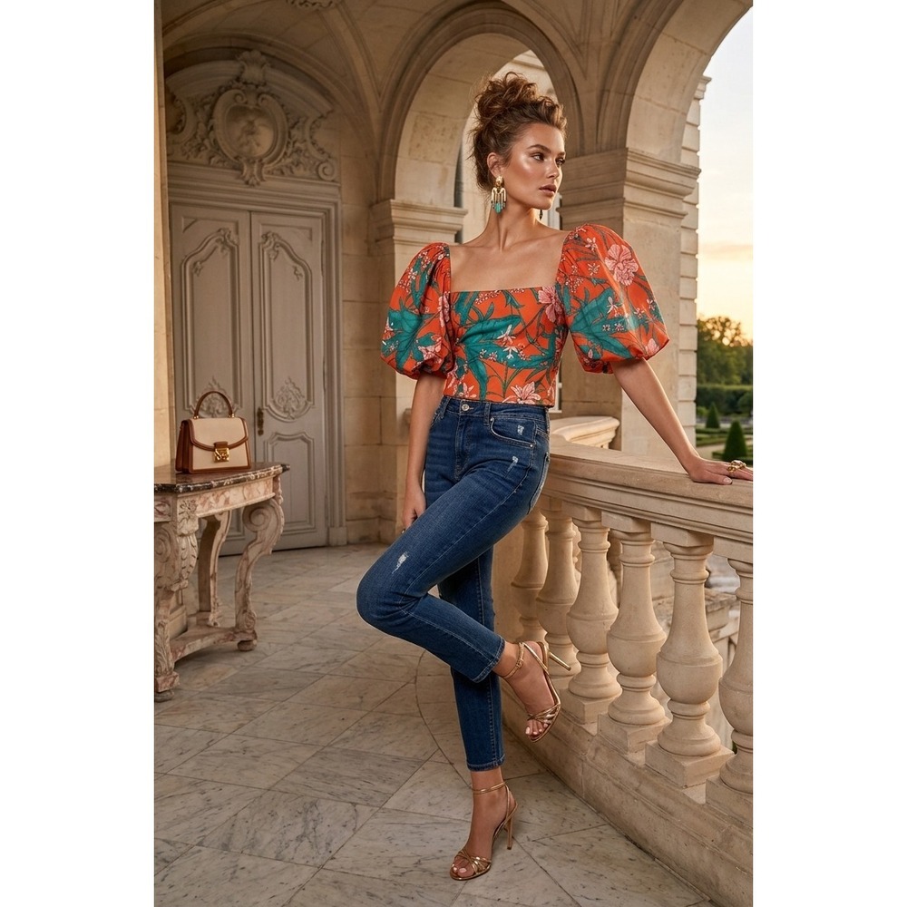JOHANNA ORTIZ shirt Blouse 6 orange multi Tropical Puff Sleeve Luxury Statement
